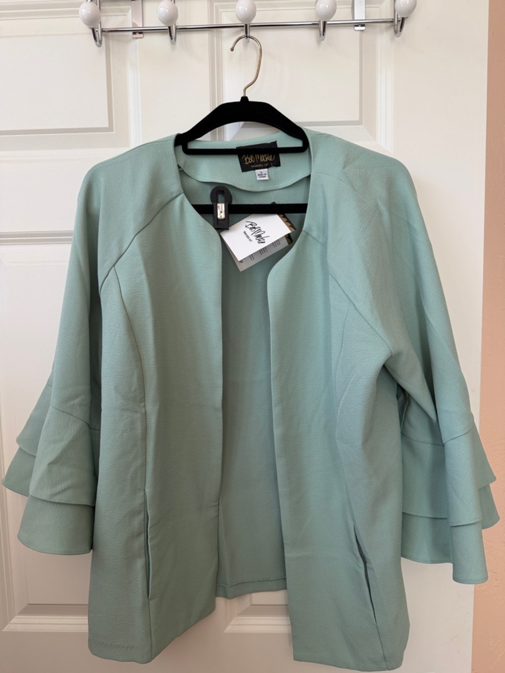 Bob Mackie Mint Green Open Front Ruffle Sleeve Blazer women’s size L